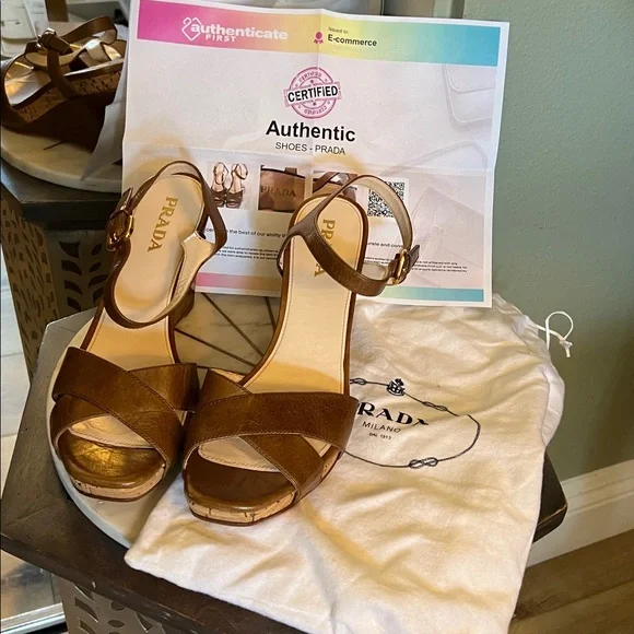 Prada, size 37.5 EU (7 US), Tan Leather Wedge Sandals, w/ Prada dust bag & COA - Picture 2 of 12